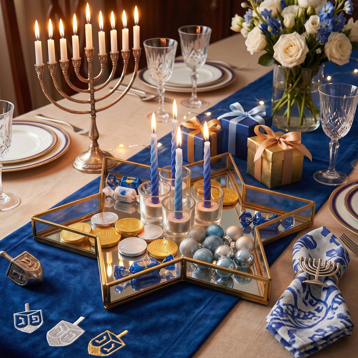 Patelai Star Mirror Tray, Gold Judaica Accent, 12 Inch