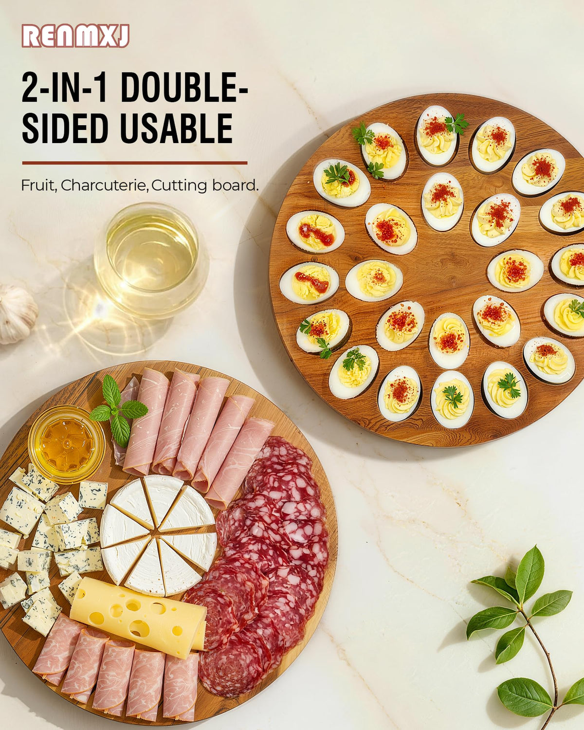Renmxj Deviled Egg Tray with Lid, Acacia Wood Base, 24 Slots, White