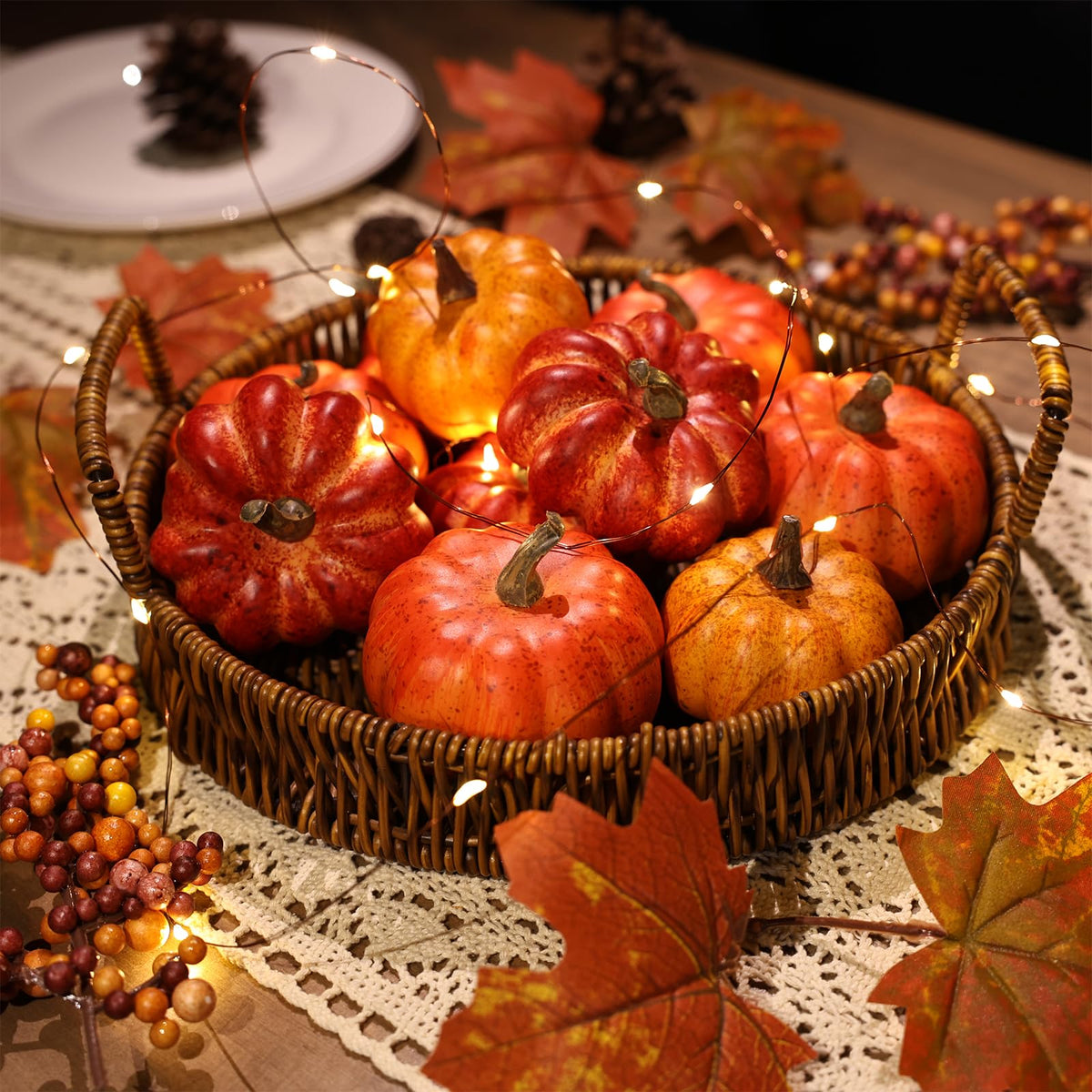 Cheawrtz Artificial Pumpkins, 16 Piece Foam Set, Orange Yellow Red with Berries and Leaves