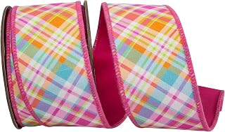 Reliant Ribbon Ribbon - Bright Plaid Diagonal Deluxe Backed Wired Edge Ribbon, Hot Pink, 2-1/2 Inch, 10 Yards