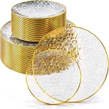 Stock Your Home Clear Disposable Plates with Gold Rim (60 Pack) Elegant Hammered Party Plates, 30 Dinner & 30 Dessert Plates for Weddings, Holidays & Special Events