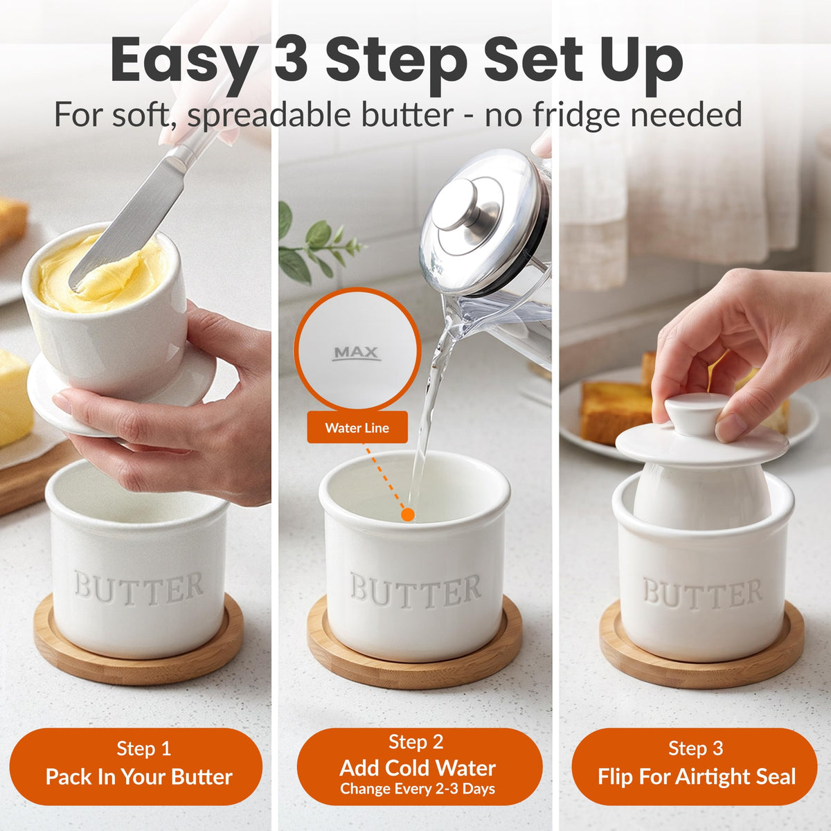 Priority Chef Ceramic Butter Crock with Lid and Knife, Regular Size, White