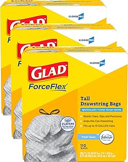CloroxPro Glad ForceFlex Tall Drawstring Kitchen Trash Bags, Rip and Tear Resistant, Fresh Clean Scented Garbage Bags, Odor Control, Febreze Freshness, 13 Gallon, 110 ct., Pack of 3