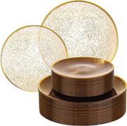 Liacere Plastic Plates, 60 Piece Set, Brown with Gold Rim