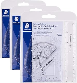 STAEDTLER Math Set - 4 pc Geometry Kit for Students - School Supplies with Clear Protractor, 6in Ruler & 2 Triangles – Metric & Imperial Scales (Pack of 3)