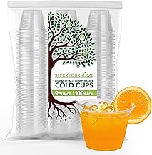 Stock Your Home Commercially Compostable Cups, 9oz (100 pack) Clear Plastic Cold Cups, Disposable Cups for Parties & Everyday Use
