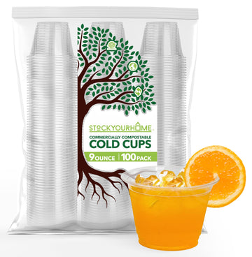 Commercially Compostable Cups by Stock Your Home – 100 Pack, 9.0 fluid_ounces, Polylactic acid, Clear, Pack of 100