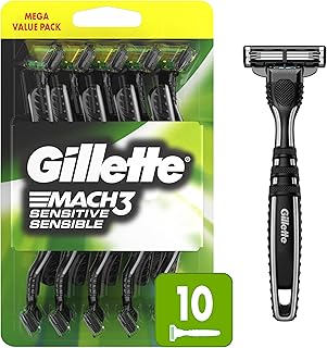 Gillette Mach3 Sensitive Razors for Men, Men’s Disposable Razors, Pivoting Head for Close and Comfortable Shave, 10 Count