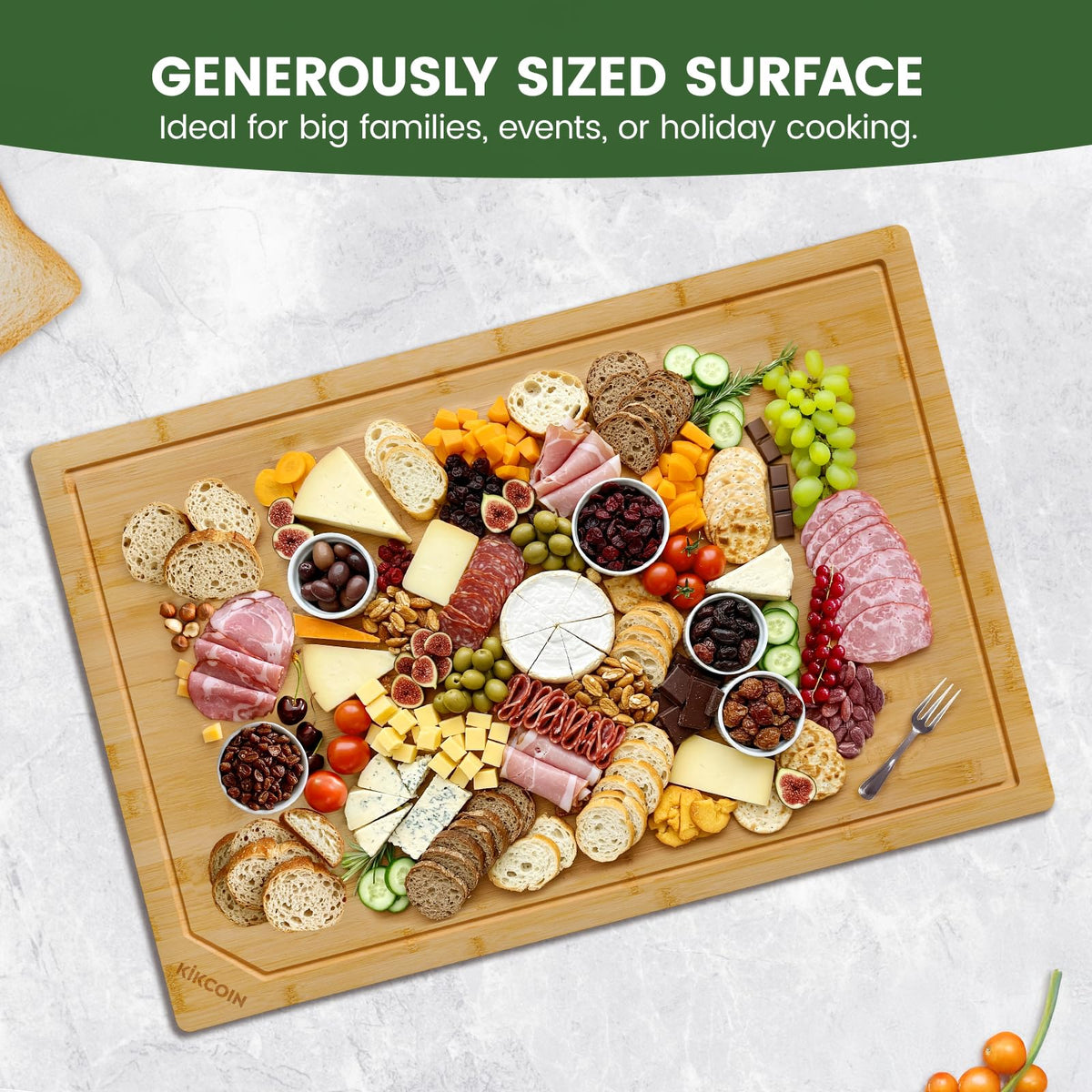 Kikcoin Bamboo Cutting Board, 30 x 20 Inch, Natural