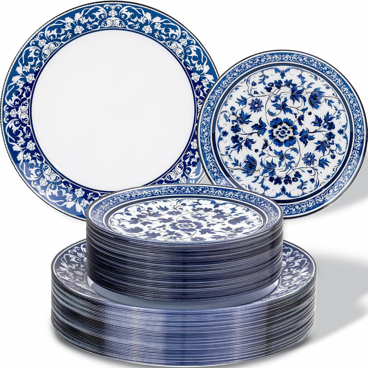 Hioasis Plastic Dinner Plates, 60 Piece Set for 30 People, White and Blue