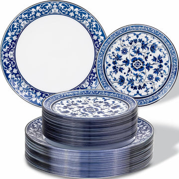 Hioasis Plastic Dinner Plates, 60 Piece Set for 30 People, White and Blue