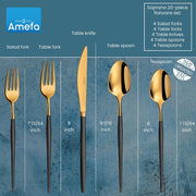 Soprano Flatware Set - Black & Gold by Amefa – 3.35" H x 9.84" L x 4.5" W, Stainless Steel, Black & Gold, Pack of 20, Model 1114DUMBUSC01