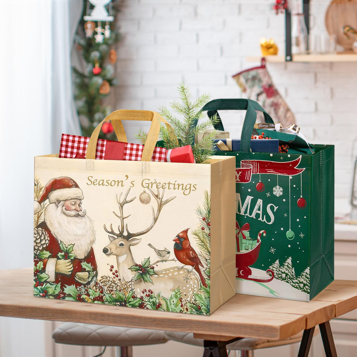 STYPOP Christmas Gift Bags, Extra Large 17 Inch Totes, Set of 12 in Red Green Brown White
