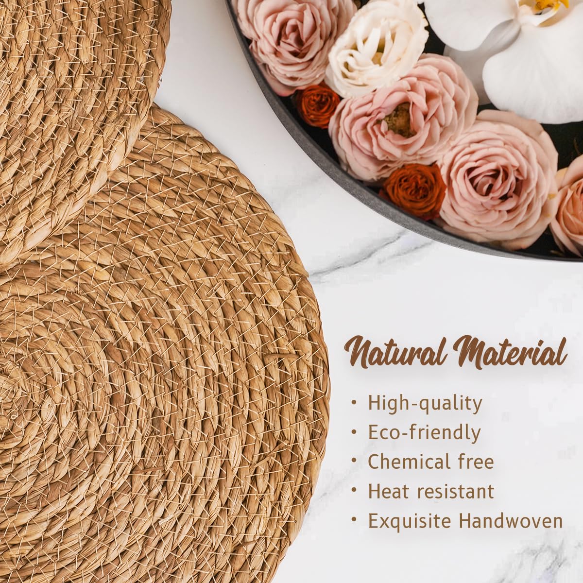 Bavify Round Woven Placemats, 13 Inch Diameter, Set of 10, Natural