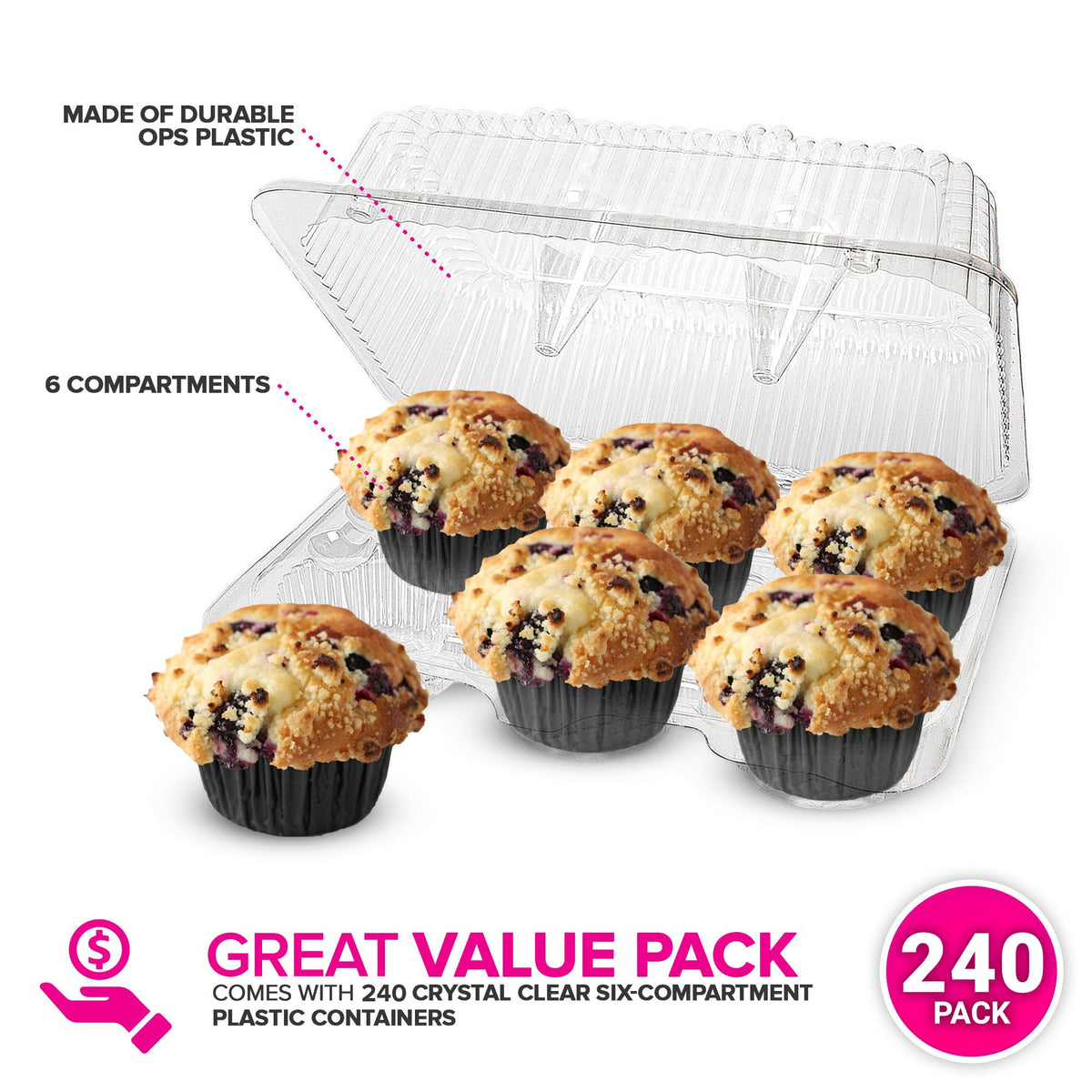 6-Compartment Plastic Cupcake Containers Disposable (240 Count) Clear Container with Connected Dome Lid by Stock Your Home – Jumbo/Large, 8.4 ounces, clear, Model SYH-2336-Case