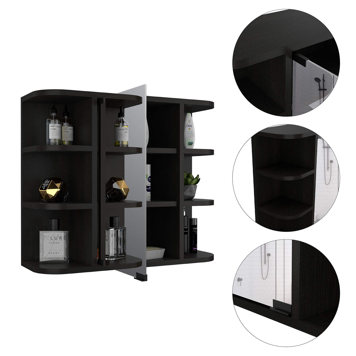 24" Roma Mirrored Medicine Cabinet with Six External Shelves and Three Interior Shelves by DEPOT E-SHOP – Engineered Wood, Black Wengue