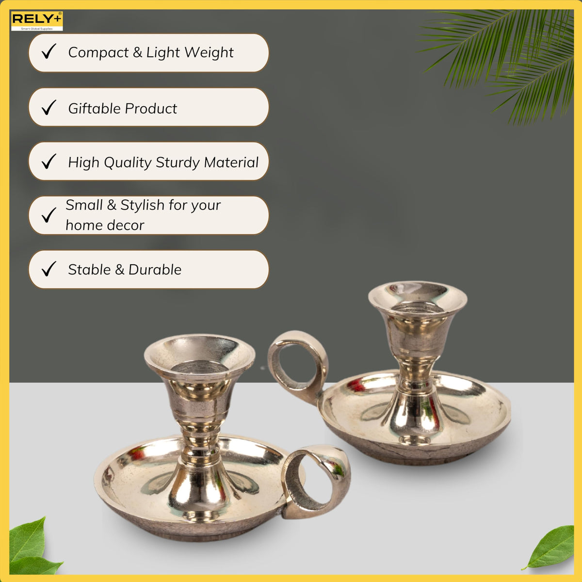 Rely+ Candle Holders with Handle, Taper Candlestick Set of 2, Glossy Silver