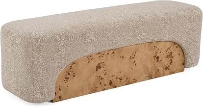 Mayfair Contemporary Beige Fabric & Burl Bench Ottoman