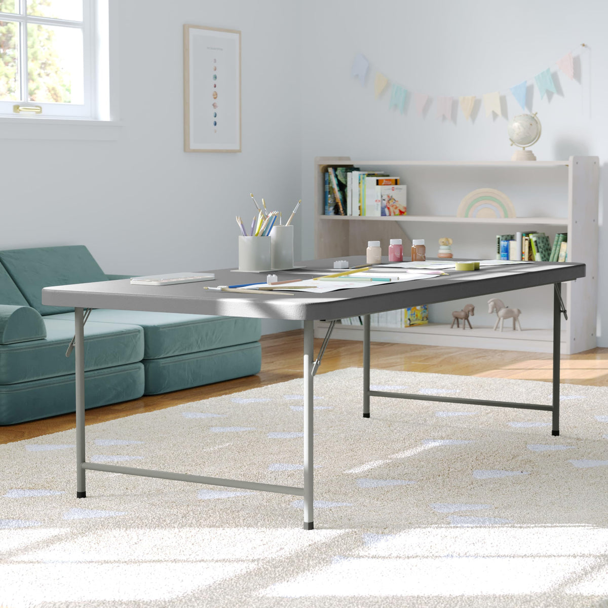 Kids 4.93 ft Plastic Folding Table by Flash Furniture – 30"W x 60"L x 19"H, Plastic, Plastic: Polyethylene, Metal, Granite Gray, Model RB-3060-KID-GY-GG