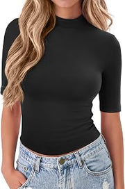 Womens Tops Mock Neck Short Sleeve Slim Basic Summer Fall Basic Tee