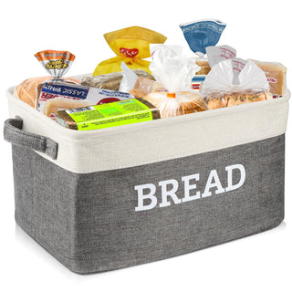 Lukeline Fabric Bread Basket, Foldable Linen Bin with Handles, White and Grey