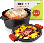 3 in 1 Dutch Oven and Skillet Combo Preseasoned Cast Iron Cookware Set 5QT Dutch Oven 1.6QT Skillet with Lid 2 Pack by Modern Innovations – 1 Pack Pack of 2, 5.0 quarts, Cast Iron