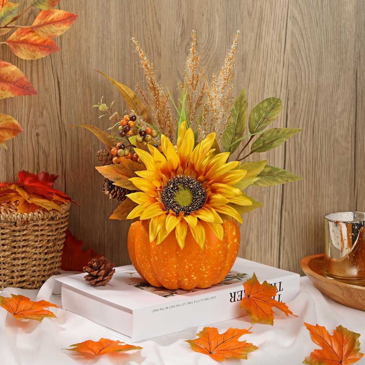 Arborus Artificial Pumpkin Arrangement, 13.7 Inch Tall, Orange Sunflower