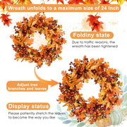 BHHDA Autumn Wreath, 24 Inch Berry Maple Leaf, Fall Decor