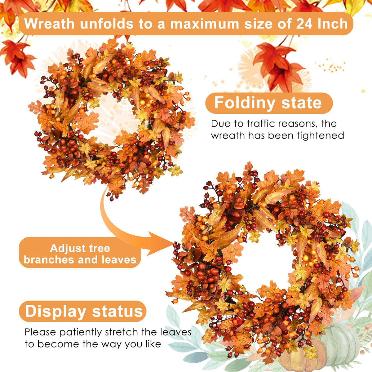 BHHDA Autumn Wreath, 24 Inch Berry Maple Leaf, Fall Decor