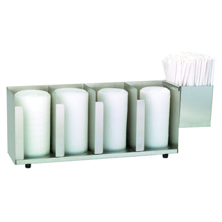 Four Section Adjustable Cup and Lid Organizer with SH-1 Straw Attachment by DISPENSE-RITE – Stainless Steel, Stainless, Model CTLD-19A
