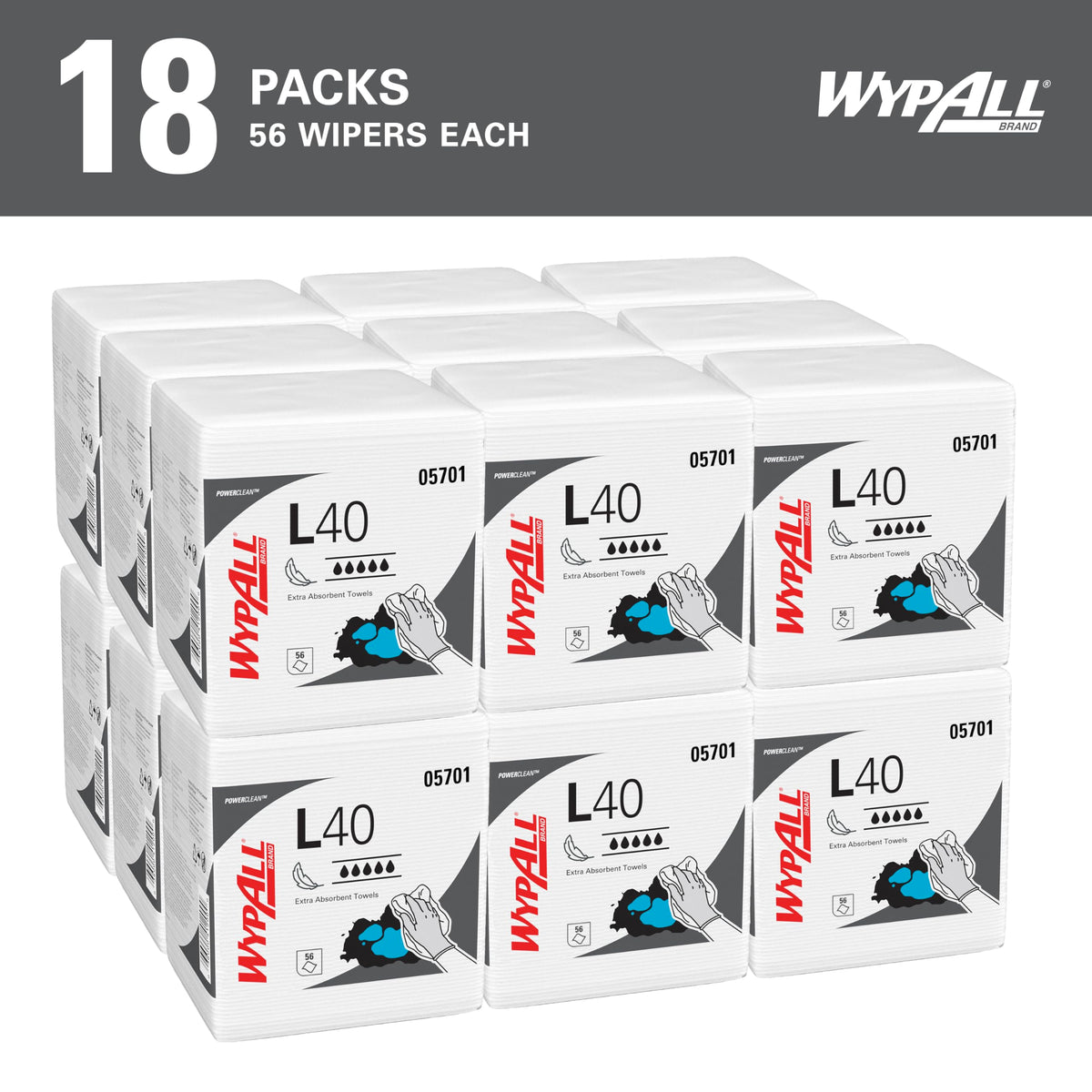 PowerClean L40 Extra Absorbent Towels by Wypall – 12" x 12.5"(Pack of 18), Paper, White, Pack of 18, Model 05701