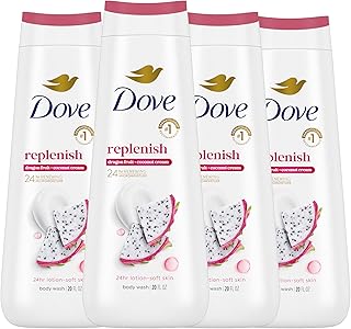Dove Body Wash 4 Count for 24hr Lotion-Soft Skin Replenish Dragon Fruit and Coconut Cream Moisturizing Skin Cleanser with No Sulfates No Parabens
