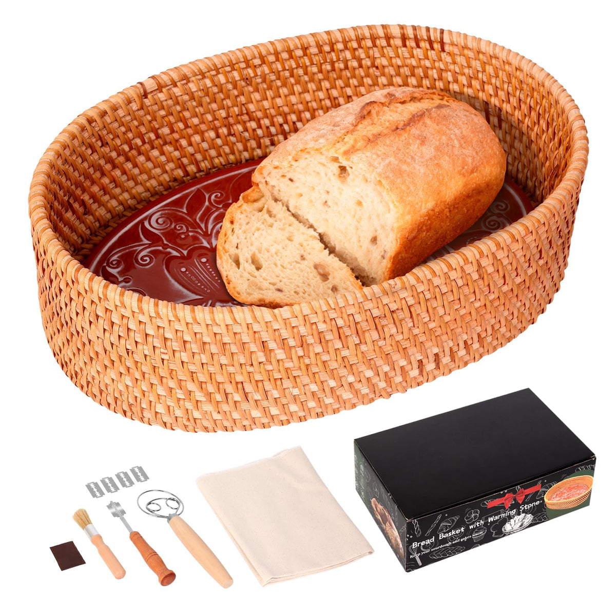 ZAMQIU Bread Warmer Basket with Terracotta Stone, 12.7 x 8.2 Inch Oval, Brown