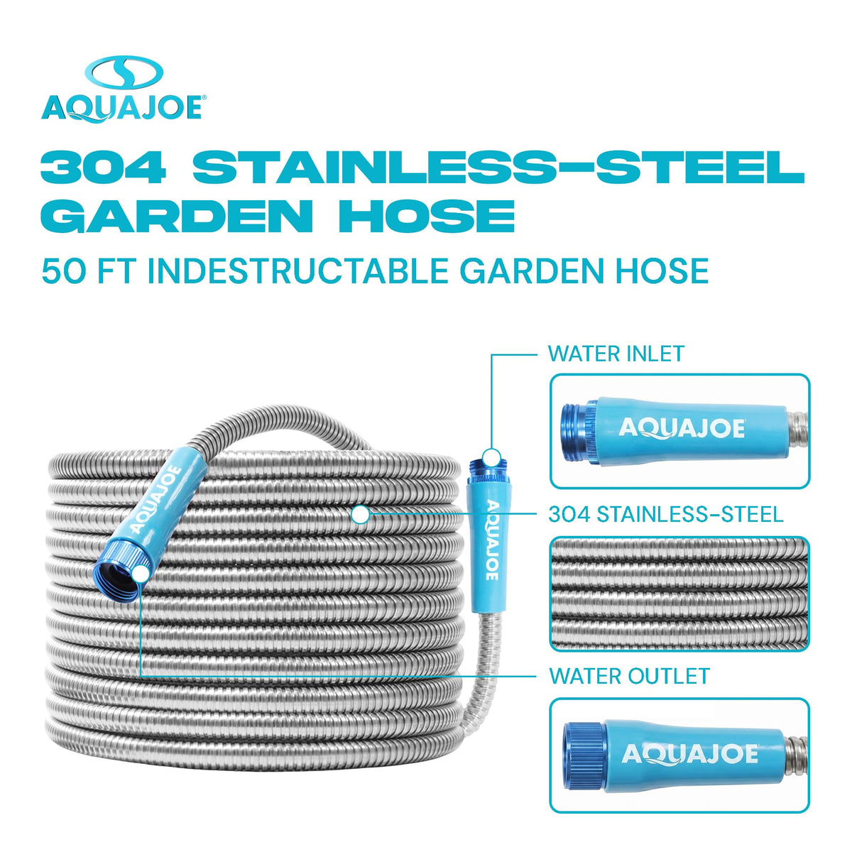 50-Foot Heavy Duty Garden Hose by Aqua Joe – 50 Feet, Outer Layer: Stainless Steel, Inner Core: PVC, Silver, Model AJSGH50