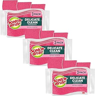 Scotch-Brite Delicate Care Scrub Sponges, 9 Count (3 Packs of 3) – Non-Scratch Cleaning for Glassware, Non-Stick Cookware