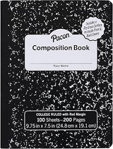 Pacon Composition Book, Black Marble, 9/32 in ruling with red margin 9-3/4" x 7-1/2", 100 Sheets