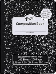 Pacon Composition Book, Black Marble, 9/32 in ruling with red margin 9-3/4" x 7-1/2", 100 Sheets