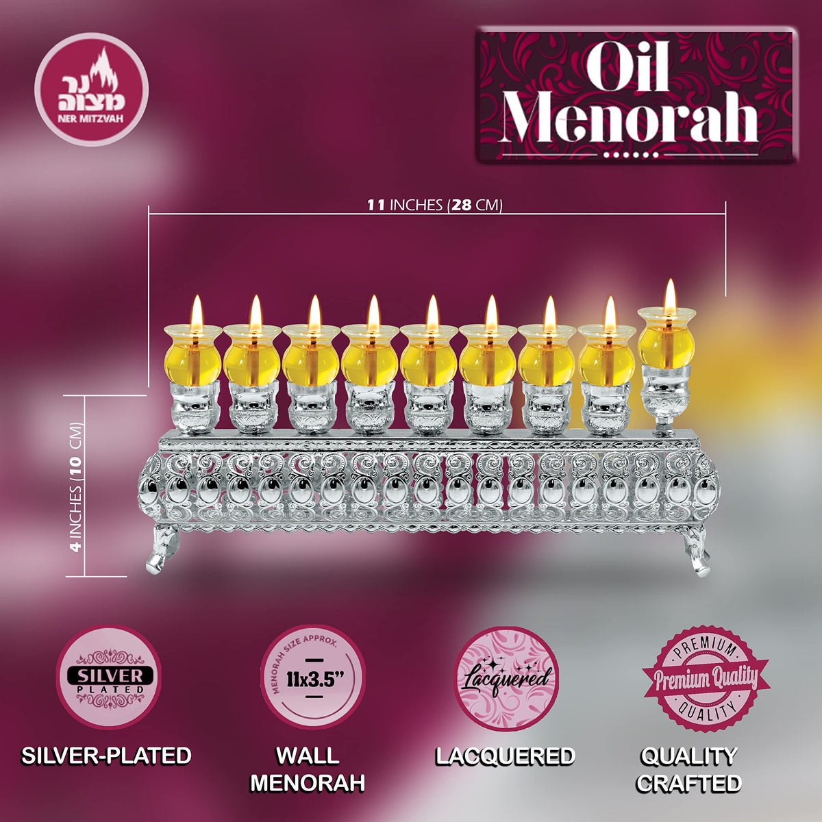 Ner Mitzvah Silver Wall Menorah, Holds Standard Oil Cups or Large Candles, 3 Inches