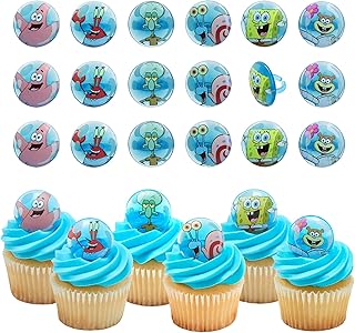DecoPac SpongeBob SquarePants Rings, SpongeBob Cupcake Toppers Featuring SpongeBob, Patrick, Gary, Mr. Krabs, Sandy Cheeks, And Squidward - 24 Pack