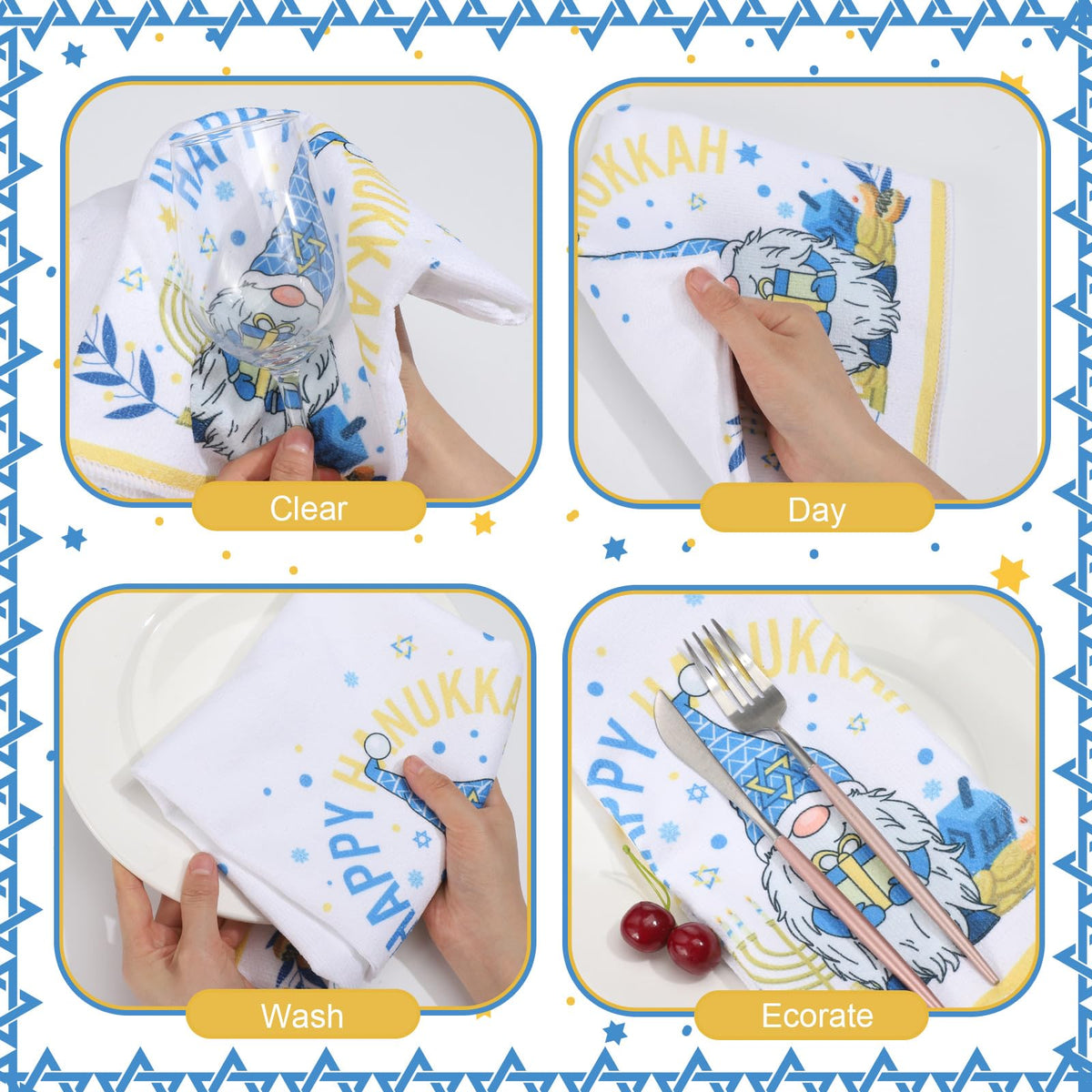 Oudain Hanukkah Kitchen Towels, 6 Pack, 16 x 24 Inches, Blue and Yellow