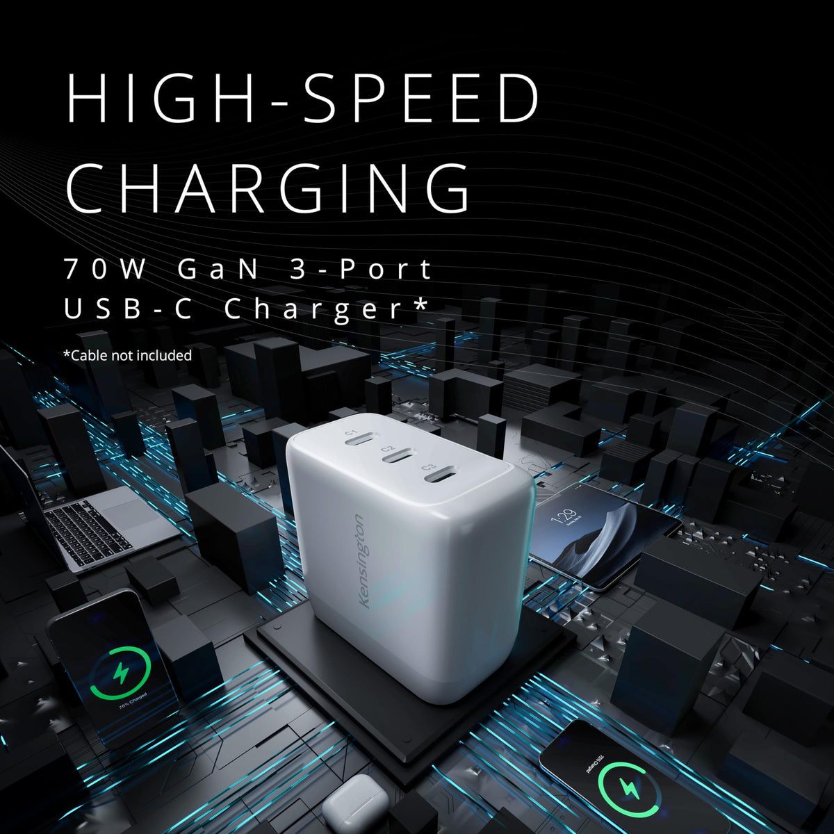 70W USB-C GaN Power Adapter and 3 Port Charger K38101NA by Kensington – Commercial Grade