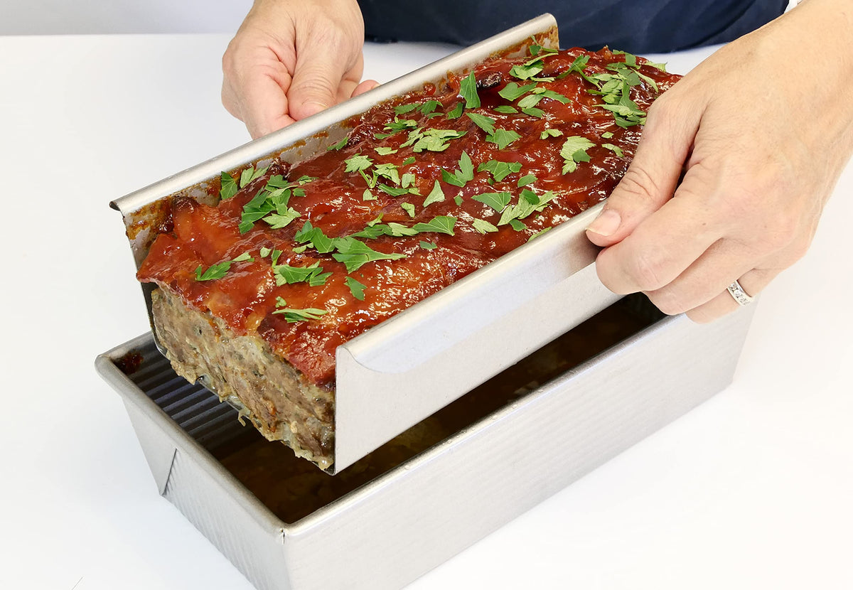 Bakeware Aluminized Steel Meat Loaf Pan with Insert by USA Pan – 10 x 5 x 3", 3 inches, Steel, Aluminized Steel, Model 1157LF-6