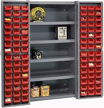 Global Industrial Deep Door Bin Cabinet, Includes 96 Red Plastic Bins
