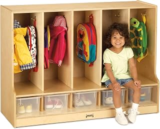 Jonti-Craft 66850JC Toddler 5 Section Coat Locker with Step, with Clear Bins