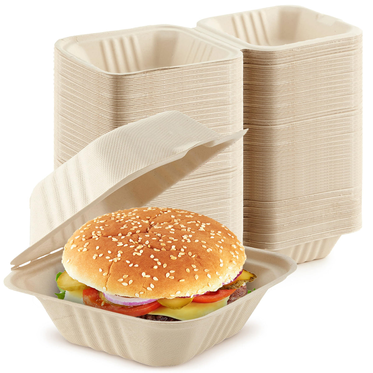 Clamshell Take Out Food Containers 6" x 6” (50 Pack) 1-Compartment by Stock Your Home – 6 x 6 Clamshell, 1 Part (50 Count), Bagasse, Natural, Pack of 50, Model 1250