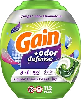 Gain Flings Laundry Detergent Pacs with Odor Defense, 112 Count, Super Fresh Blast Scent, HE 3in1 with Febreze and Oxi