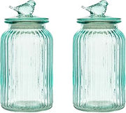 10 Strawberry Street Textured Glass Bird Canister, Ribbed Round, Blue, Set of 2