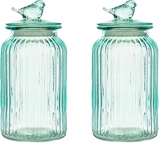 10 Strawberry Street Textured Glass Bird Canister, Ribbed Round, Blue, Set of 2