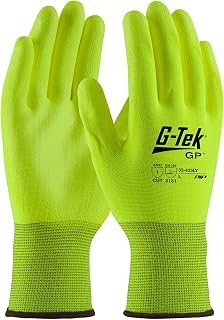 G-Tek 33-425LY/L, Hi-Vis Seamless Knit Polyester Glove with Hi-Vis Polyurethane Coated Flat Grip on Palm & Fingers
