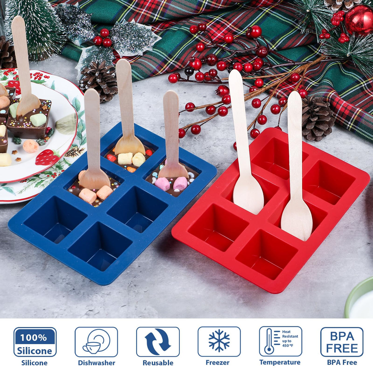 Webake Hot Cocoa Spoon Mold Set, Silicone Square, Red and Blue, 2-Pack